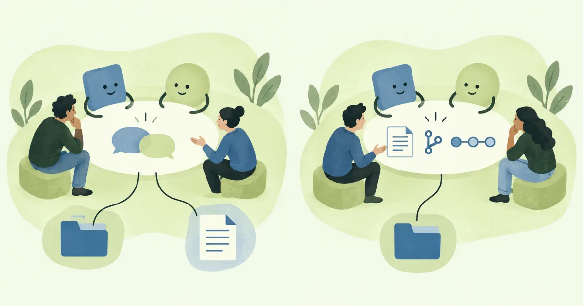 Illustration comparing two shared workspaces, each with two people and two AI agents around a table with chat, document, workflow, and folder icons.