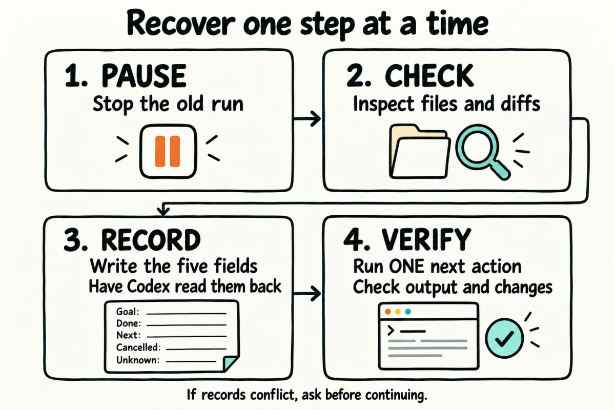 Pause, inspect files, write the task record and have Codex read it back, then run and verify one next action.