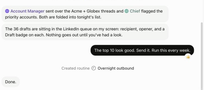 The demo presents queued drafts before the user approves the next step.