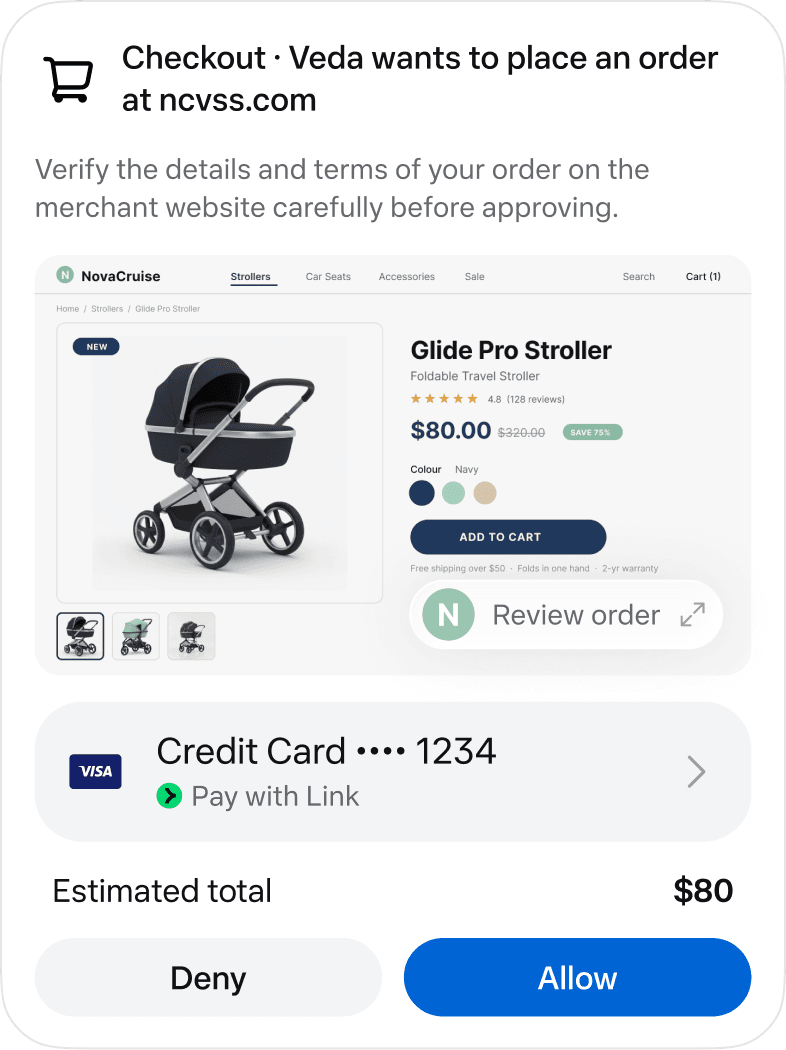 An order card shows the total, Review order and Allow / Deny controls.