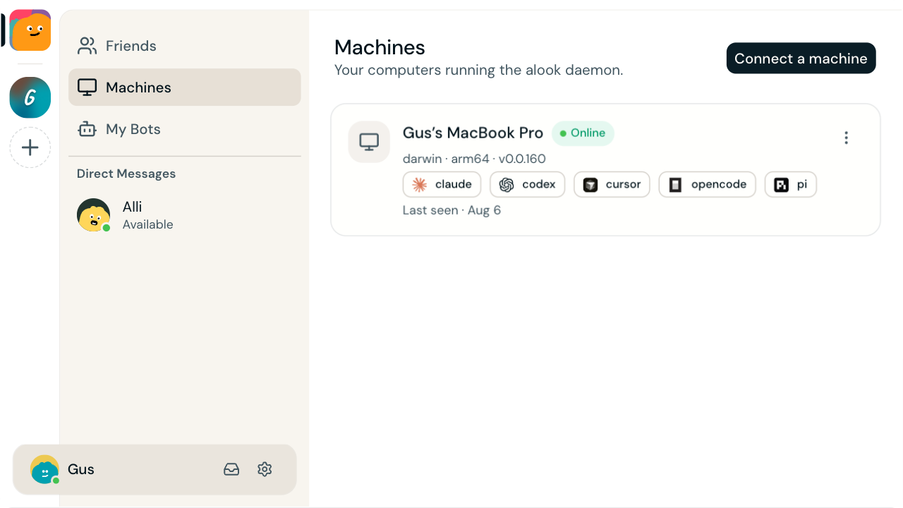 Alook Machines screen showing a connected Mac and five local agent runtime options.