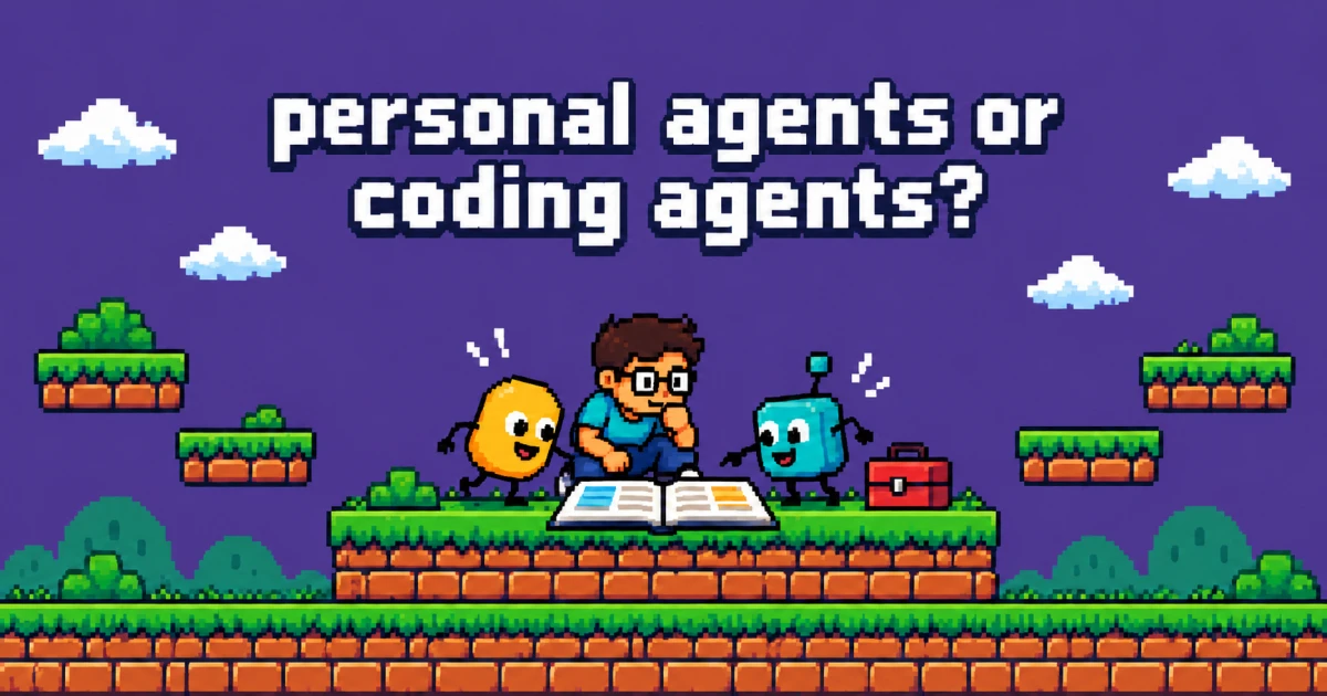 Two pixel helpers and a person share a project book beneath the question personal agents or coding agents?