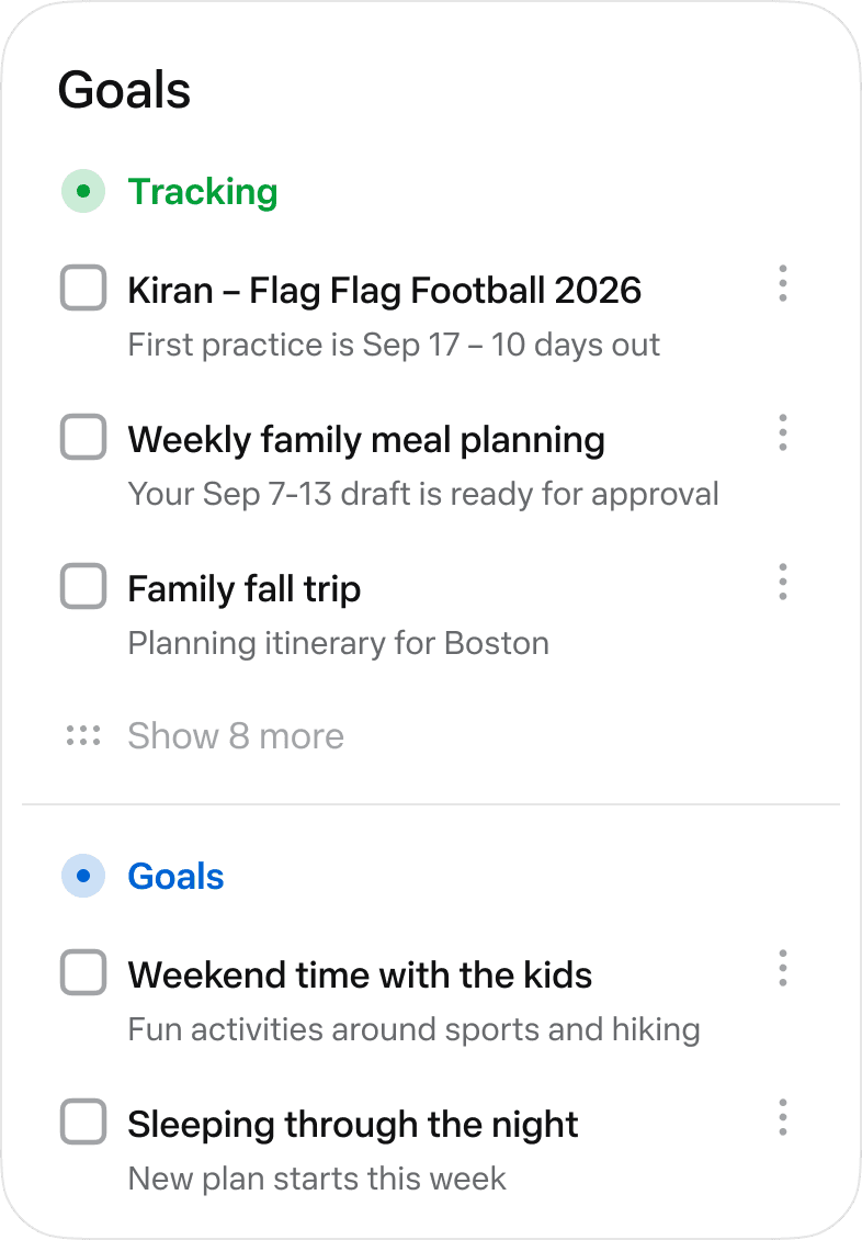 Official Muse Goals interface showing example family tasks and their tracking status.