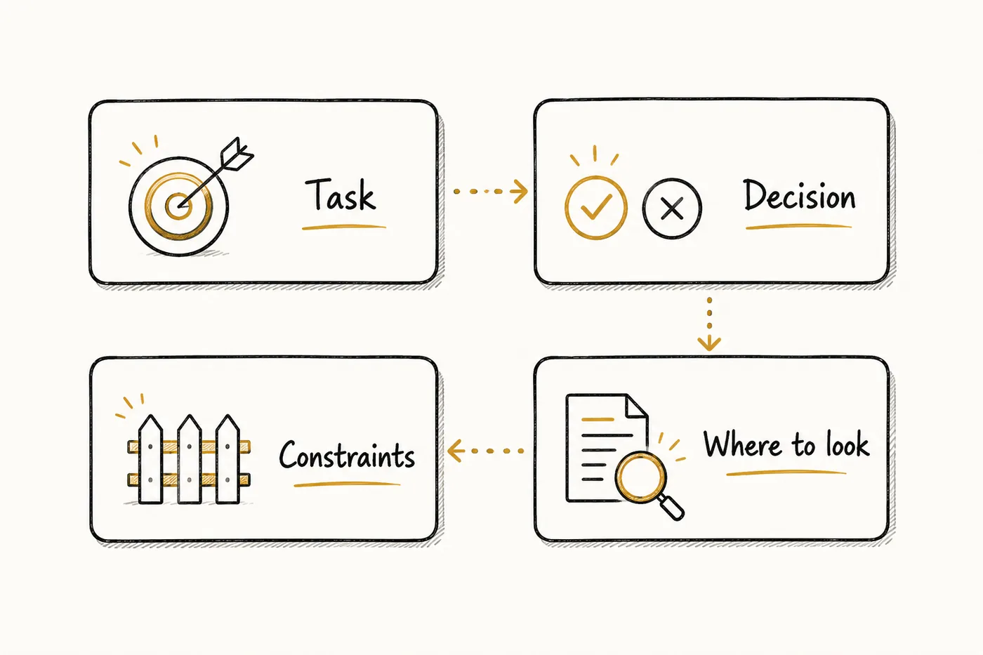 Illustration of the four minimum handoff elements: task, decision, constraints, and where to look