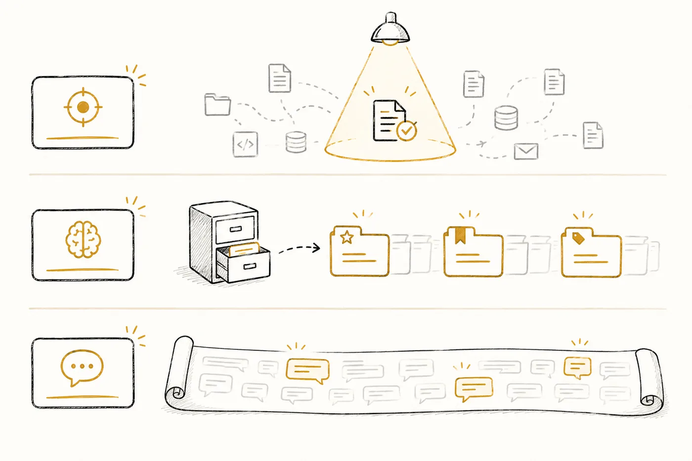 Diagram showing three layers: focused task context, persistent memory records, and a long chat history transcript